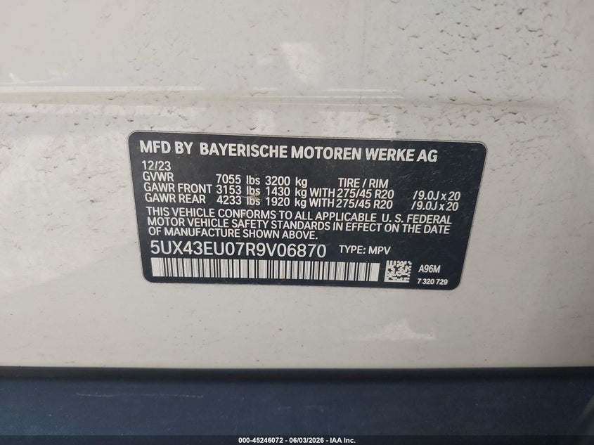 2024 BMW X5 VIN 5UX43EU07R9V06870 IAAI salvage auction — HAIL, Salvage Title, sold $31,725 on 2026-07-06 (photo 9)