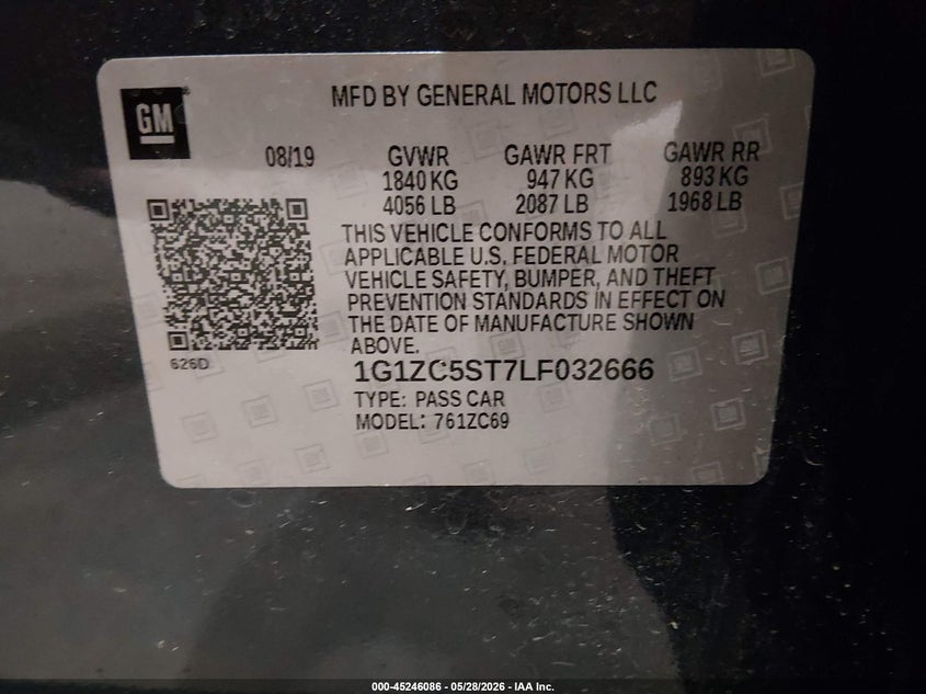 2020 Chevrolet Malibu VIN 1G1ZC5ST7LF032666 IAAI salvage auction — NORMAL WEAR, Sf97 (Alabama), sold $13,700 on 2026-07-16 (photo 9)