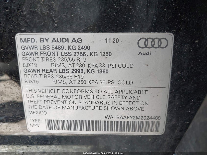 2021 Audi Q5 VIN WA1BAAFY2M2024488 IAAI salvage auction — REAR END, Salvage Title, sold $12,100 on 2026-07-21 (photo 9)