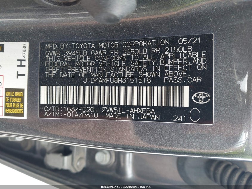 2021 Toyota Prius VIN JTDKAMFU8M3151518 IAAI salvage auction — FRONT END, Salvage Title, sold $3,700 on 2026-07-29 (photo 9)