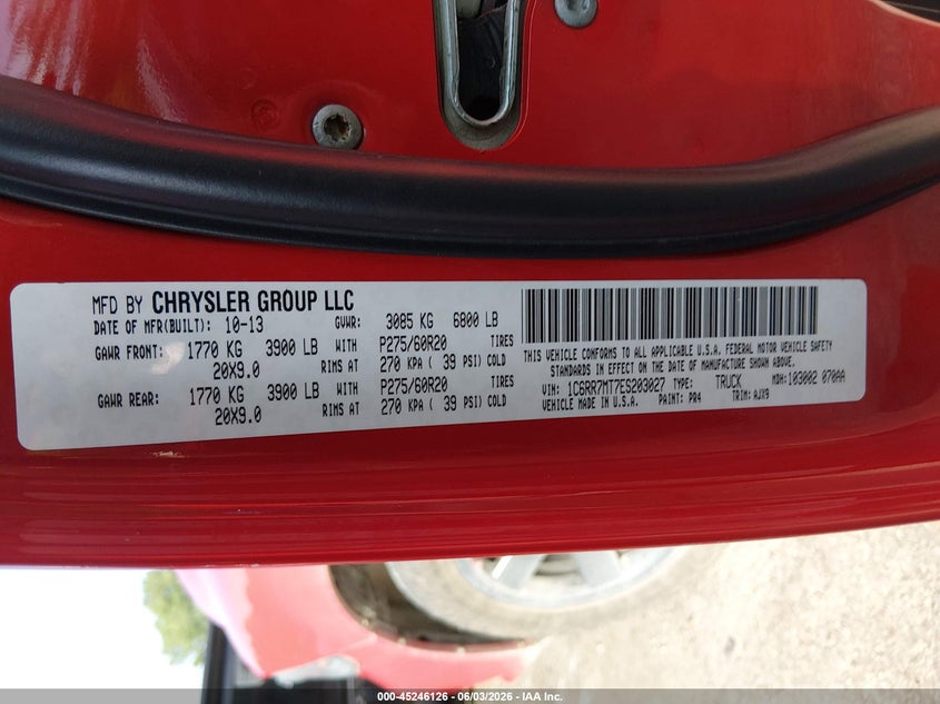2014 Ram 1500 VIN 1C6RR7MT7ES203027 IAAI salvage auction — HAIL, Salvage Title, sold $3,650 on 2026-07-22 (photo 9)