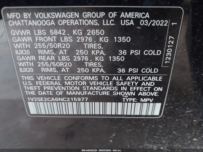 2022 Volkswagen Atlas cross sport VIN 1V2SE2CA6NC215977 IAAI salvage auction — LEFT FRONT, Salvage (Minnesota), sold $10,250 on 2026-07-15 (photo 9)