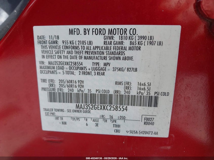 2019 Ford Ecosport VIN MAJ3S2GEXKC258554 IAAI salvage auction — ROLLOVER, Salvage Title, sold $1,750 on 2026-07-09 (photo 9)