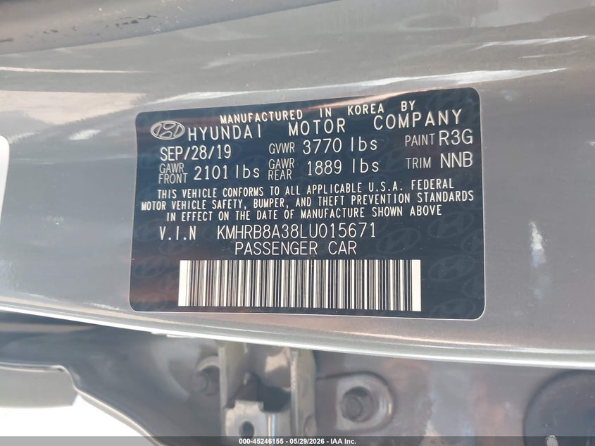 2020 Hyundai Venue VIN KMHRB8A38LU015671 IAAI salvage auction — RIGHT SIDE, Salvage Title, sold $4,100 on 2026-07-29 (photo 9)