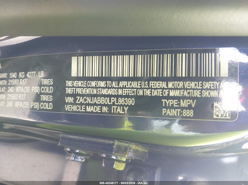2020 Jeep Renegade VIN ZACNJABB0LPL86390 IAAI salvage auction — FRONT END, Original (Texas), sold $1,650 on 2026-08-14 (photo 9)