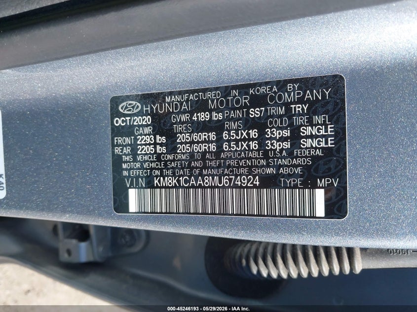 2021 Hyundai Kona VIN KM8K1CAA8MU674924 IAAI salvage auction — RIGHT FRONT, Salvage Title, sold $3,300 on 2026-07-17 (photo 9)