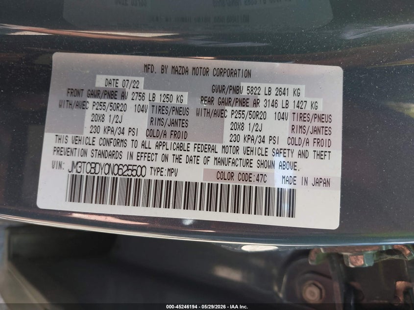 2022 Mazda Cx-9 VIN JM3TCBDY0N0625500 IAAI salvage auction — LEFT FRONT, Salvage Title, sold $9,250 on 2026-08-25 (photo 9)