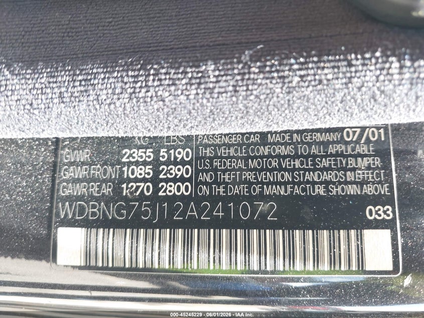 2002 Mercedes-benz S class VIN WDBNG75J12A241072 IAAI salvage auction — FRONT END, Original (Texas), sold $375 on 2026-07-15 (photo 9)