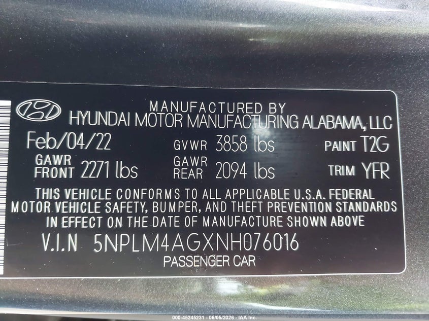 2022 Hyundai Elantra VIN 5NPLM4AGXNH076016 IAAI salvage auction — REAR END, Salvage (Indiana), sold $4,000 on 2026-07-10 (photo 9)