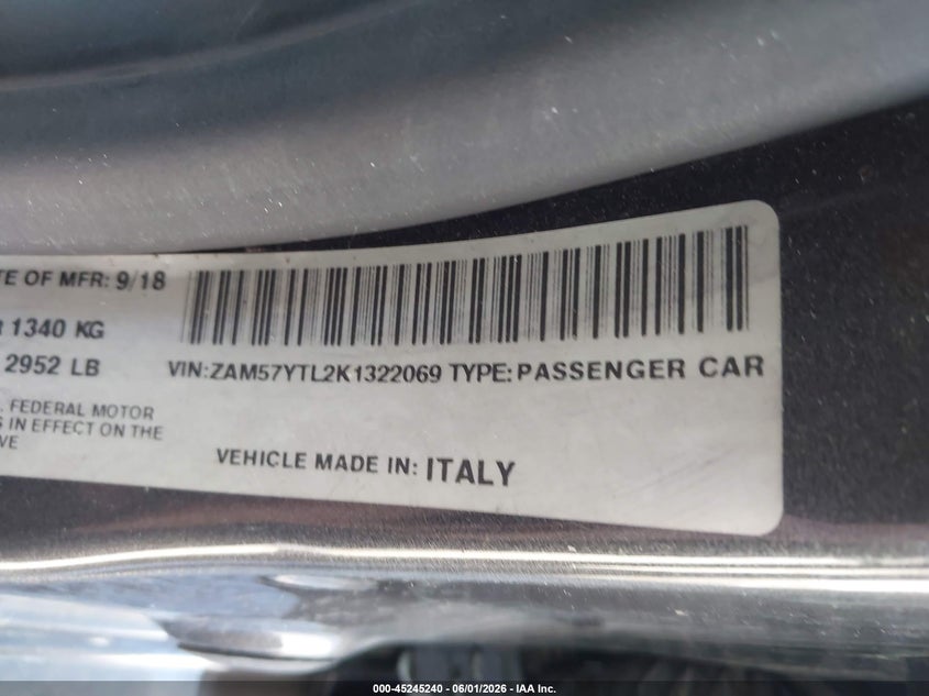 2019 Maserati Ghibli VIN ZAM57YTL2K1322069 IAAI salvage auction — RIGHT FRONT, Salvage Title, sold $7,000 on 2026-08-10 (photo 9)