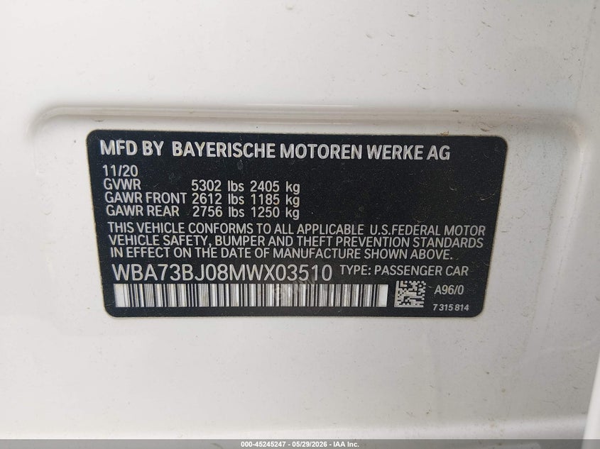 2021 BMW 5er VIN WBA73BJ08MWX03510 IAAI salvage auction — FRONT END, Salvage Title, sold $19,800 on 2026-07-16 (photo 9)