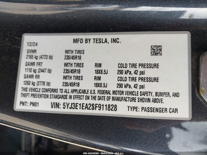 2025 Tesla Model 3 VIN 5YJ3E1EA2SF911828 IAAI salvage auction — FRONT END, Salvage Title, sold $6,300 on 2026-07-16 (photo 9)