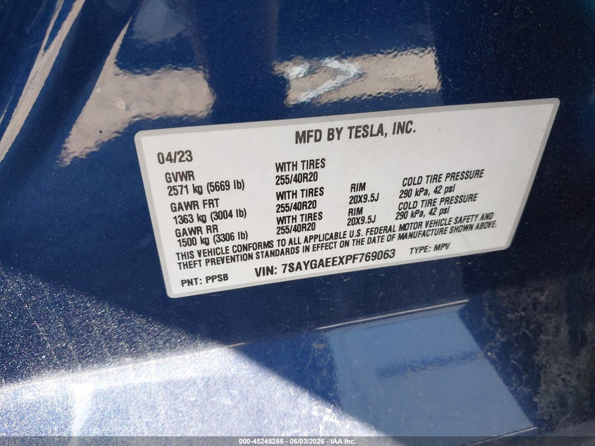 2023 Tesla Model y VIN 7SAYGAEEXPF769063 IAAI salvage auction — LEFT SIDE, Salvage Title, sold $3,350 on 2026-07-23 (photo 9)