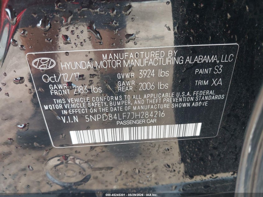 2018 Hyundai Elantra VIN 5NPD84LF7JH284216 IAAI salvage auction — SIDE, Salvage Title, sold $500 on 2026-07-28 (photo 9)