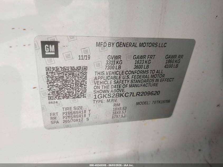 2020 Gmc Yukon VIN 1GKS2BKC7LR209620 IAAI salvage auction — FRONT & REAR, Salvage Title, sold $7,400 on 2026-08-01 (photo 9)