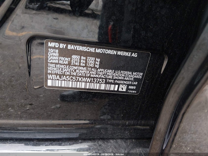 2019 BMW 5er VIN WBAJA5C57KWW13753 IAAI salvage auction — RIGHT SIDE, Salvage Title, sold $6,100 on 2026-07-20 (photo 9)