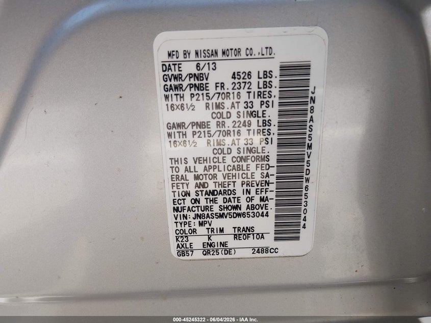 2013 Nissan Rogue VIN JN8AS5MV5DW653044 IAAI salvage auction — REAR END, Salvage (North Carolina), sold $750 on 2026-07-15 (photo 9)