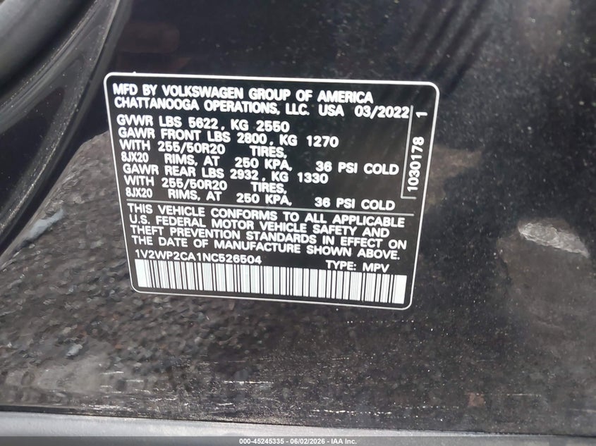 2022 Volkswagen Atlas VIN 1V2WP2CA1NC526504 IAAI salvage auction — FRONT END, Salvage Title, sold $2,050 on 2026-10-22 (photo 9)