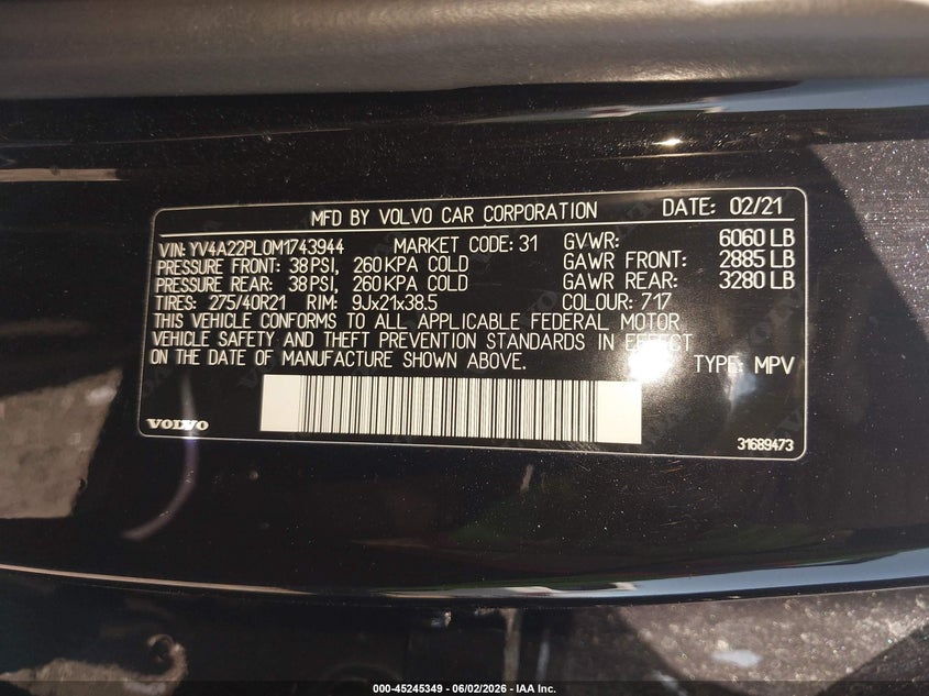 2021 Volvo Xc90 VIN YV4A22PL0M1743944 IAAI salvage auction — FRONT END, Salvage Title, sold $11,500 on 2026-08-24 (photo 9)