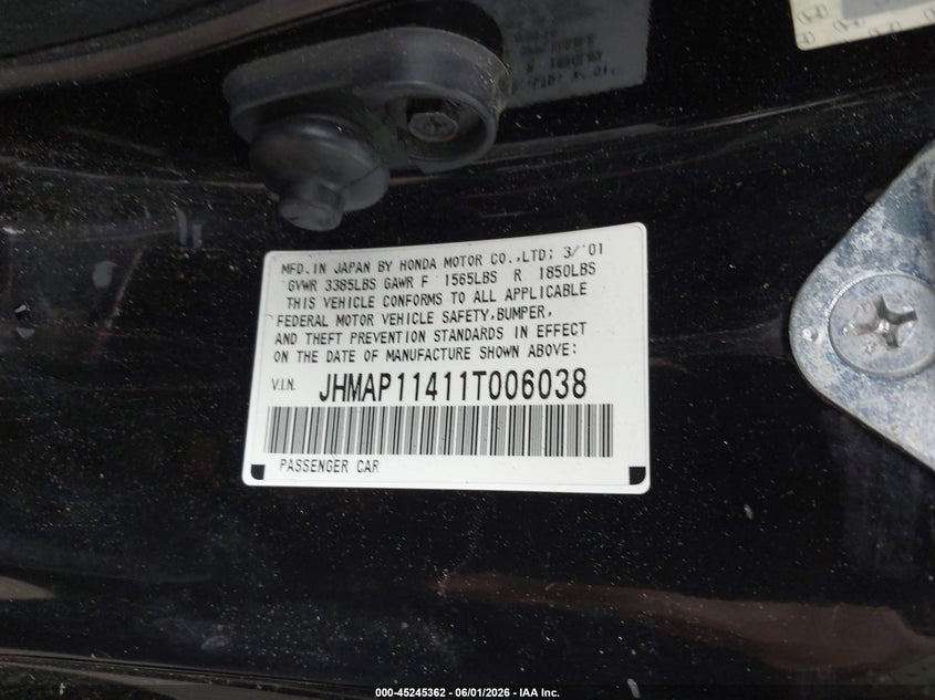2001 Honda S2000 VIN JHMAP11411T006038 IAAI salvage auction — ALL OVER, Clear (Massachusetts), sold $5,100 on 2026-07-16 (photo 9)