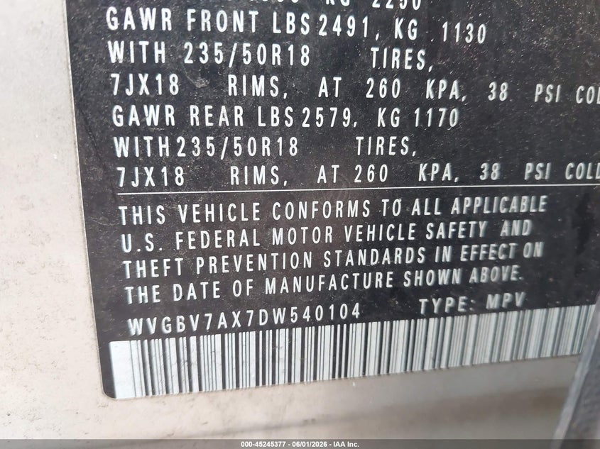 2013 Volkswagen Tiguan VIN WVGBV7AX7DW540104 IAAI salvage auction — FRONT END, Salvage Title, sold $825 on 2026-07-31 (photo 9)