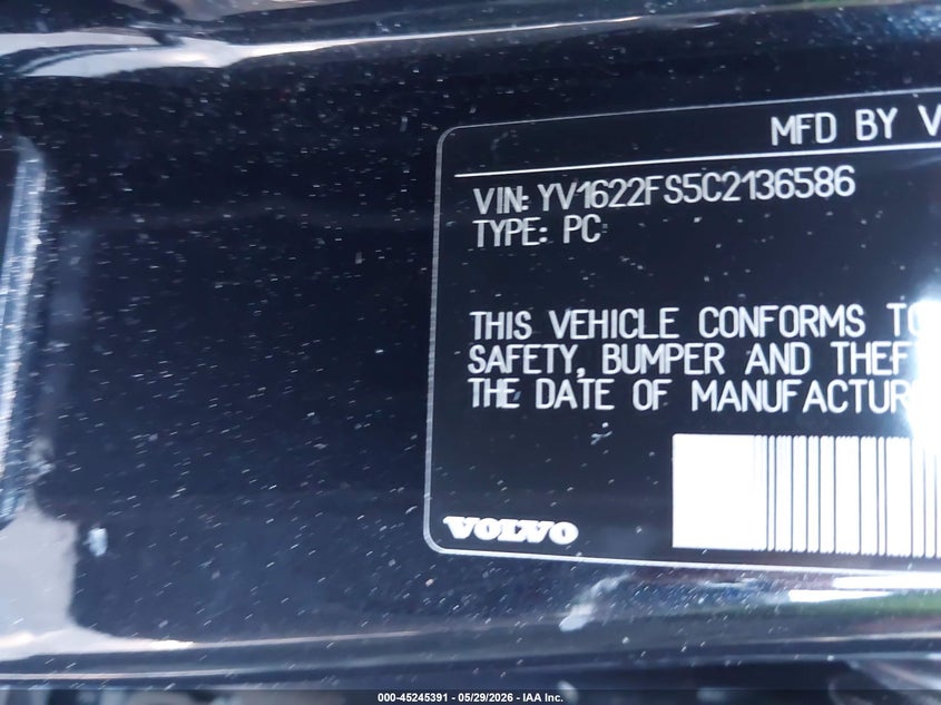 2012 Volvo S60 VIN YV1622FS5C2136586 IAAI salvage auction — SIDE, Salvage Title, sold $25 on 2026-07-21 (photo 9)