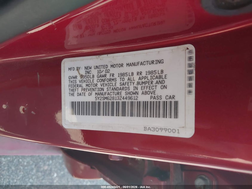 2003 Pontiac Vibe VIN 5Y2SM62813Z449612 IAAI salvage auction — RIGHT SIDE, Prior Salvage (Minnesota), sold $375 on 2026-07-13 (photo 9)