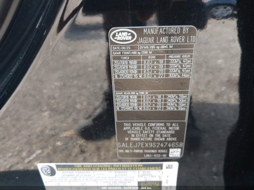 2025 Land rover Defender VIN SALEJ7EX9S2474658 IAAI salvage auction — FRONT END, Salvage Title, sold $47,250 on 2026-07-07 (photo 9)