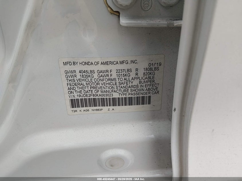 2019 Acura Ilx VIN 19UDE2F80KA003023 IAAI salvage auction — UNKNOWN, Rebuildable (Florida), sold $7,000 on 2026-07-13 (photo 9)