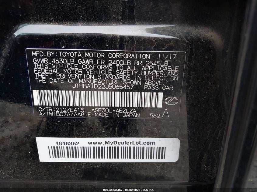 2018 Lexus Is VIN JTHBA1D22J5065457 IAAI salvage auction — HAIL, Clear (Oklahoma), sold $7,300 on 2026-07-14 (photo 9)
