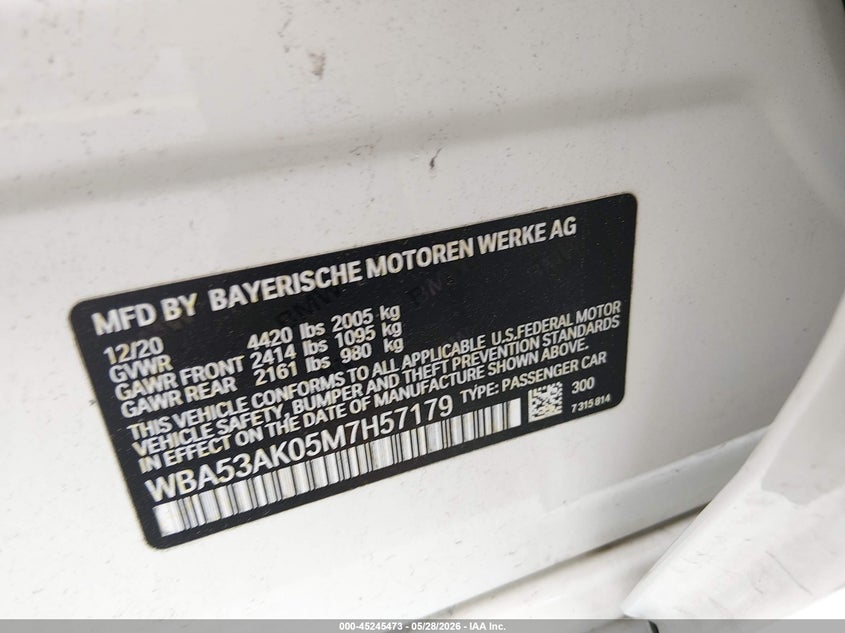 2021 BMW VIN WBA53AK05M7H57179 IAAI salvage auction — REAR END, Salvage Title, sold $7,900 on 2026-07-24 (photo 9)