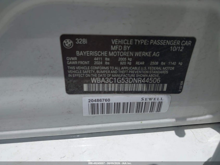 2013 BMW 3er VIN WBA3C1G53DNR44506 IAAI salvage auction — RIGHT SIDE, Salvage (Texas), sold $2,350 on 2026-07-28 (photo 9)