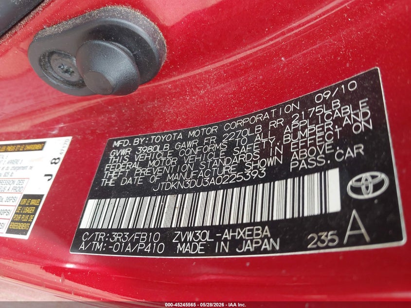 2010 Toyota Prius VIN JTDKN3DU3A0225393 IAAI salvage auction — NORMAL WEAR, Repossession Paperwork (Georgia), sold $800 on 2026-07-29 (photo 9)