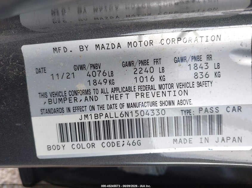2022 Mazda 3 VIN JM1BPALL6N1504330 IAAI salvage auction — FRONT END, Salvage Title, sold $3,750 on 2026-08-20 (photo 9)