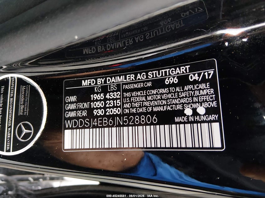 2018 Mercedes-benz Cla-klasse VIN WDDSJ4EB6JN528806 IAAI salvage auction — FRONT END, Salvage Title, sold $4,800 on 2026-07-17 (photo 9)