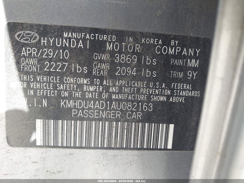 2010 Hyundai Elantra VIN KMHDU4AD1AU082163 IAAI salvage auction — LEFT REAR, Salvage (New Jersey), sold $300 on 2026-07-07 (photo 9)