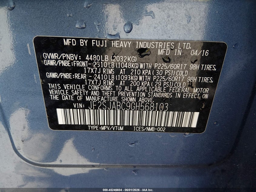 2016 Subaru Forester VIN JF2SJABC9GH568103 IAAI salvage auction — SIDE, Salvage Title, sold $1,750 on 2026-07-20 (photo 9)