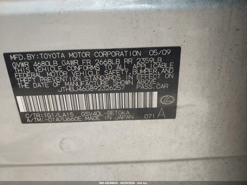 2009 Lexus ES VIN JTHBJ46G892326257 IAAI salvage auction — NORMAL WEAR, Clear (South Carolina), sold $925 on 2026-07-07 (photo 9)