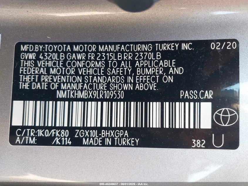 2020 Toyota C-hr VIN NMTKHMBX9LR109530 IAAI salvage auction — WATER/FLOOD, Salvage Title, sold $5,800 on 2026-07-21 (photo 9)