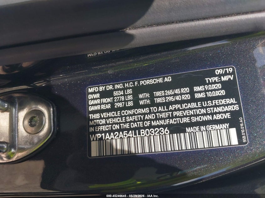2020 Porsche Macan VIN WP1AA2A54LLB03236 IAAI salvage auction — FRONT END, Salvage Title, sold $12,200 on 2026-07-26 (photo 9)