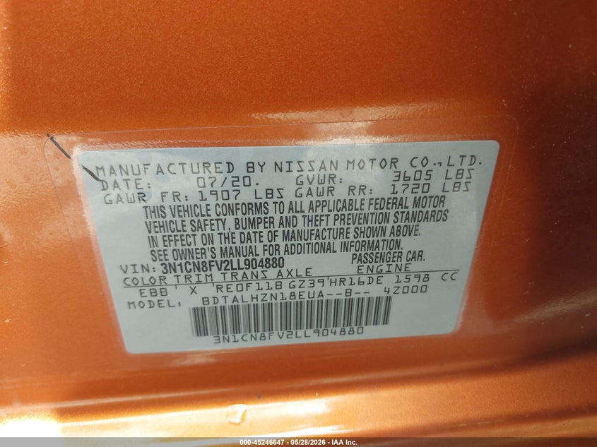 2020 Nissan Versa VIN 3N1CN8FV2LL904880 IAAI salvage auction — FRONT END, Salvage Title, sold $3,050 on 2026-08-22 (photo 9)