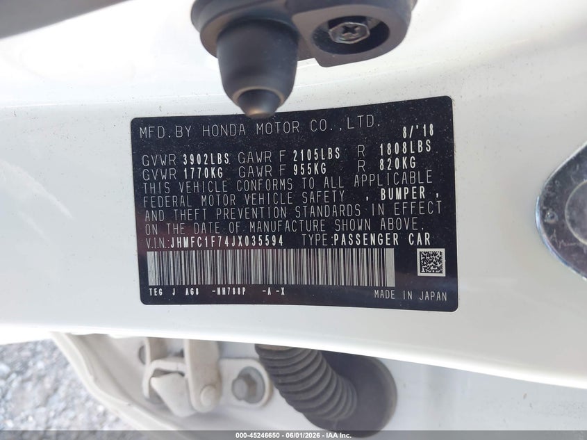 2018 Honda Civic VIN JHMFC1F74JX035594 IAAI salvage auction — HAIL, Salvage Title, sold $3,500 on 2026-07-21 (photo 9)