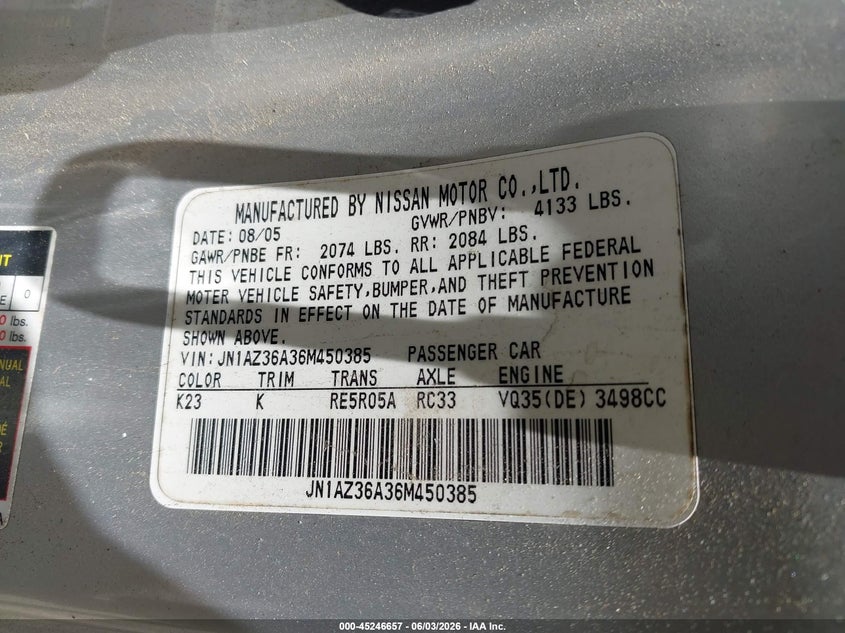 2006 Nissan 350z VIN JN1AZ36A36M450385 IAAI salvage auction — NORMAL WEAR, Nrc Lienholder Repossession Paperwork (Georgia), sold $875 on 2026-07-09 (photo 9)