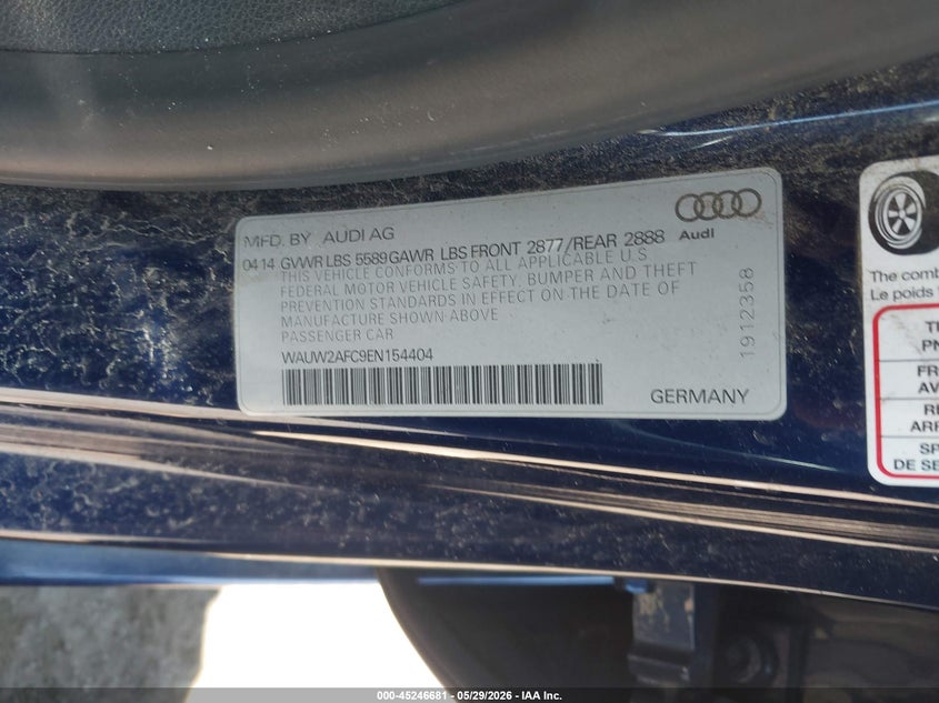2014 Audi S7 VIN WAUW2AFC9EN154404 IAAI salvage auction — FRONT END, Salvage (Virginia), sold $5,750 on 2026-07-28 (photo 9)