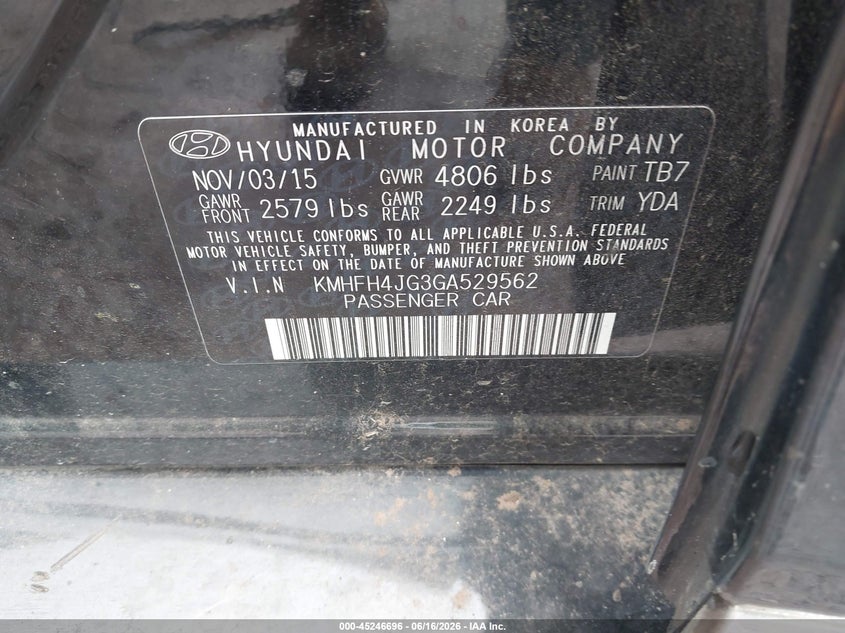 2016 Hyundai Azera VIN KMHFH4JG3GA529562 IAAI salvage auction — FRONT END, Salvage Title, sold $1,100 on 2026-07-08 (photo 9)