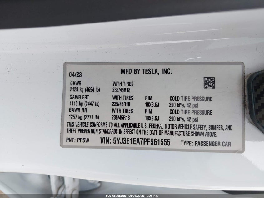 2023 Tesla Model 3 VIN 5YJ3E1EA7PF561555 IAAI salvage auction — REAR END, Salvage (Oregon), sold $6,200 on 2026-07-16 (photo 9)