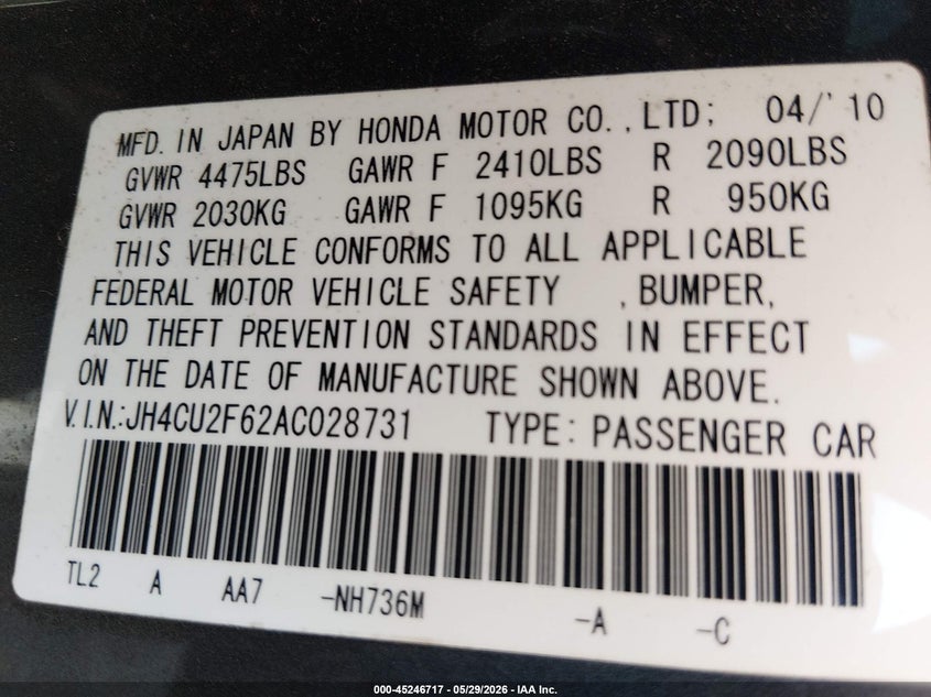 2010 Acura Tsx VIN JH4CU2F62AC028731 IAAI salvage auction — FRONT END, Salvage (Louisiana), sold $425 on 2026-07-27 (photo 9)