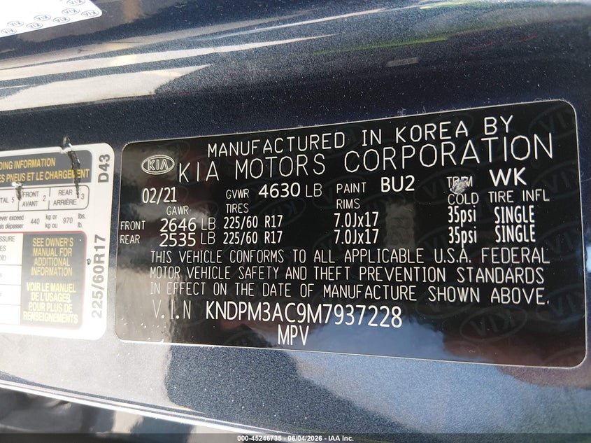2021 Kia Sportage VIN KNDPM3AC9M7937228 IAAI salvage auction — REAR END, Salvage Title, sold $3,900 on 2026-07-25 (photo 9)