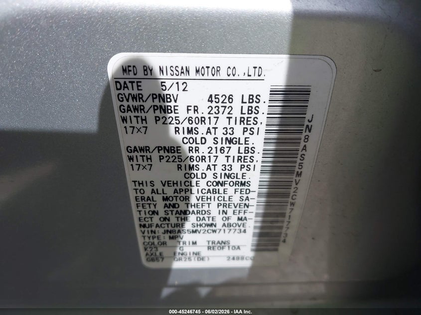 2012 Nissan Rogue VIN JN8AS5MV2CW717734 IAAI salvage auction — FRONT END, Salvage Title, sold $450 on 2026-07-16 (photo 9)