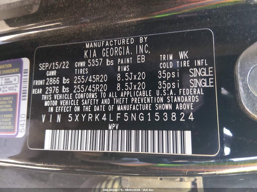 2022 Kia Sorento VIN 5XYRK4LF5NG153824 IAAI salvage auction — FRONT END, Salvage Title, sold $25 on 2026-07-29 (photo 9)